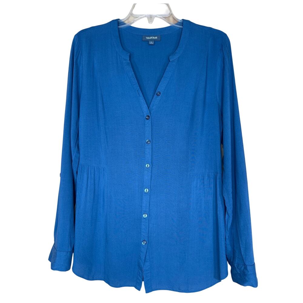 Anthropologie ModCloth Blue Button Down Shirt Drawstring Back Size Large Rayon